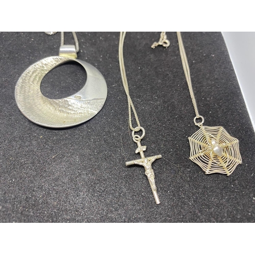 553 - FIVE SILVER NECKLACES WITH PENDANTS TO INCLUDE A CROSS, DISC, FUNNEL, SPIDERS WEB AND BAR MARKED 925