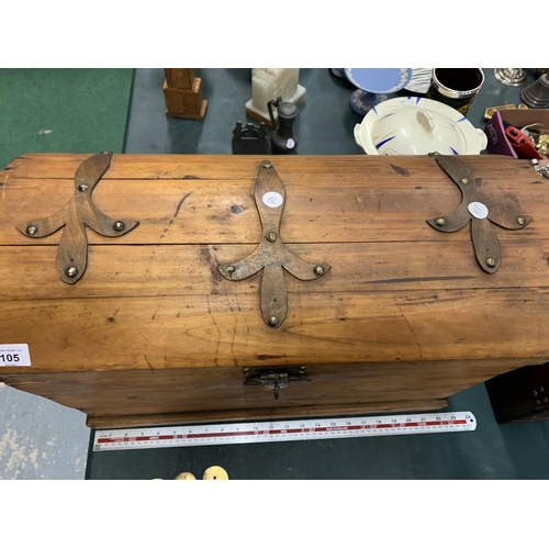 105 - A LARGE WOODEN CHEST WITH METAL HINGE, CLASP AND HANDLES