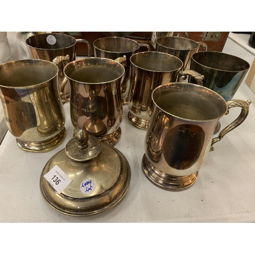 136 - AN ASSORTMENT OF SILVER PLATE AND PEWTER TANKARDS