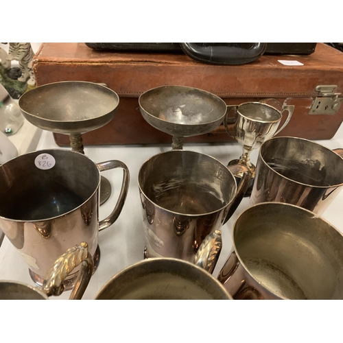 136 - AN ASSORTMENT OF SILVER PLATE AND PEWTER TANKARDS