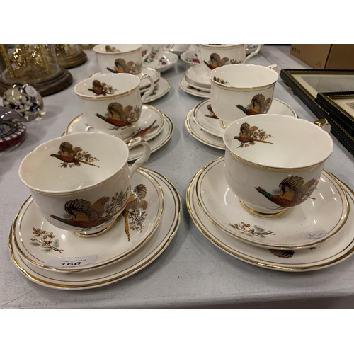 166 - SIX SHERIDAN TRIOS FEATURING PHEASANT DECORATION AND FIVE FURTHER TEA CUPS AND SAUCERS