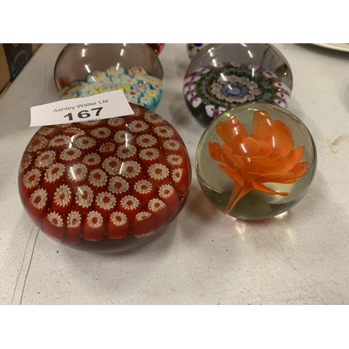 167 - SIX COLOURFUL GLASS PAPERWEIGHTS