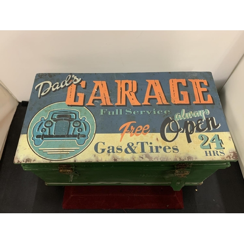 17 - A VINTAGE STYLE ' DAD'S GARAGE ...' HINGE LIDDED TIN