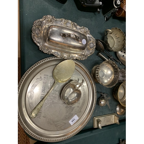 194 - AN ASSORTMENT OF METAL WARE TO INCLUDE A SILVER PLATED BUTTER DISH AND PEWTER TANKARD ETC