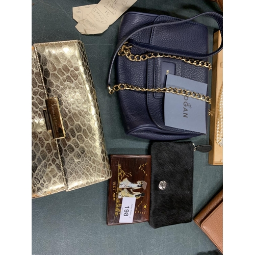 198 - AN ASSORTMENT OF LADIES ITEMS TO INCLUDE CLUTCH BAGS, PURSES AND SUN GLASSES ETC