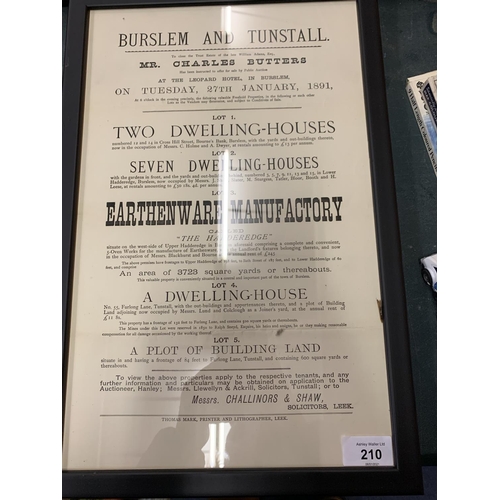 210 - TWO FRAMED 'BURSLEM AND TUNSTALL' AUCTION POSTERS