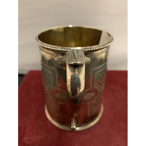 3 - A HEAVILY ENGRAVED SILVER PLATE HALF PINT TANKARD - QUEEN'S HOTEL HANLEY 1881