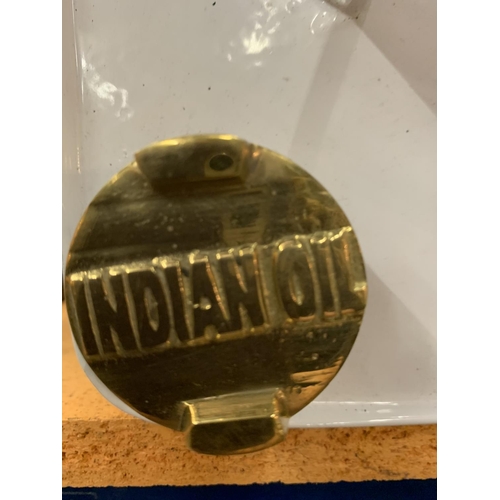 48 - AN 'INDIAN MOTORCYCLES CYLINDER OIL' CAN WITH A BRASS TOP