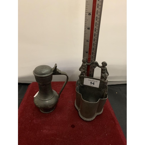 54 - TWO PIECES OF PEWTER TO INCLUDE A TANKARD AND A SPILL HOLDER