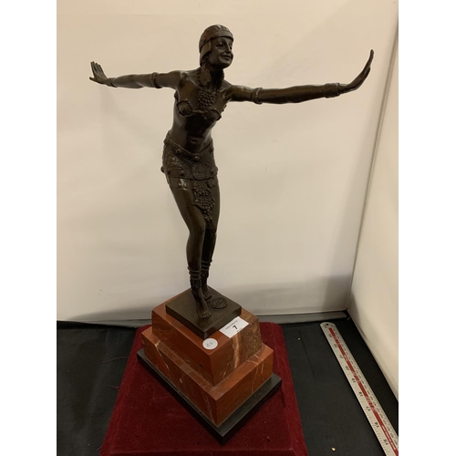 7 - AN ART DECO BRONZE CHARLESTON DANCING FIGURE MOUNTED ON A MARBLE PLINTH AND SIGNED D H CHIPARUS HEIG... 