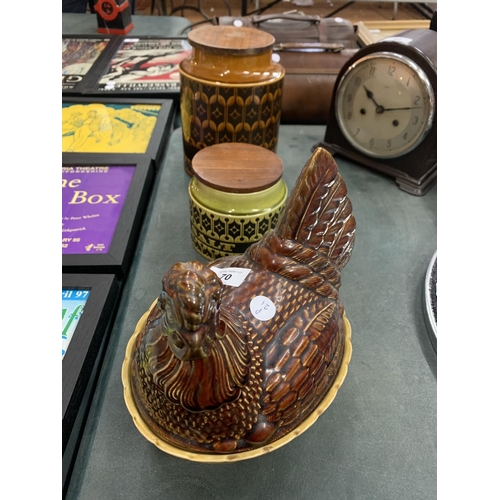 70 - A 'BESWICK' HEN NEST EGG HOLDER AND TWO 'HORNSEA' STORAGE JARS