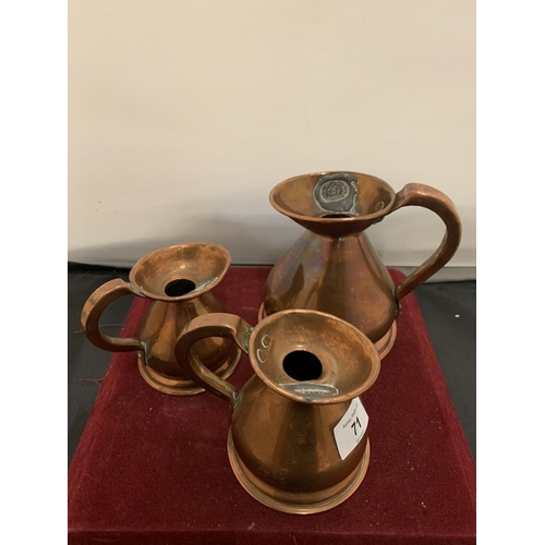 71 - THREE VICTORIAN COPPER MEASURING JUGS