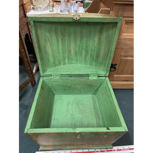 97 - A GREEN WOODEN DOMED CHEST