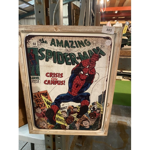 885 - A VINTAGE STYLE FRAMED SPIDERMAN METAL SIGN