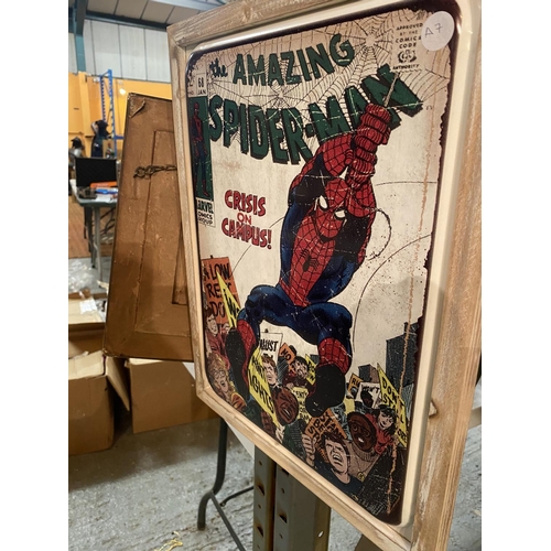 885 - A VINTAGE STYLE FRAMED SPIDERMAN METAL SIGN