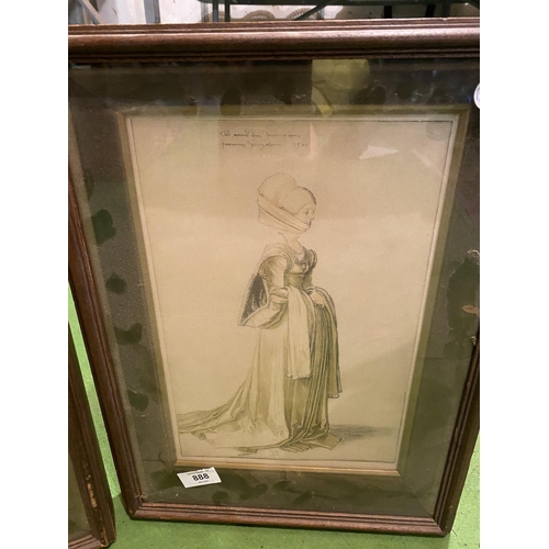 888 - A PAIR OF VINTAGE FRAMED PRINTS OF A HISTORICAL FEMALE FIGURE