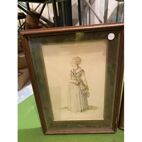 888 - A PAIR OF VINTAGE FRAMED PRINTS OF A HISTORICAL FEMALE FIGURE