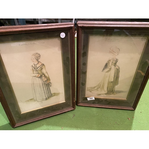 888 - A PAIR OF VINTAGE FRAMED PRINTS OF A HISTORICAL FEMALE FIGURE