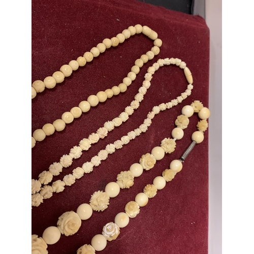 599 - ANTIQUE IVORY COLOURED CARVED ROSE BEADS NECKLACE, SINGLE GRADUATED STRAND 40 INCHES TOGETHER WITH T... 