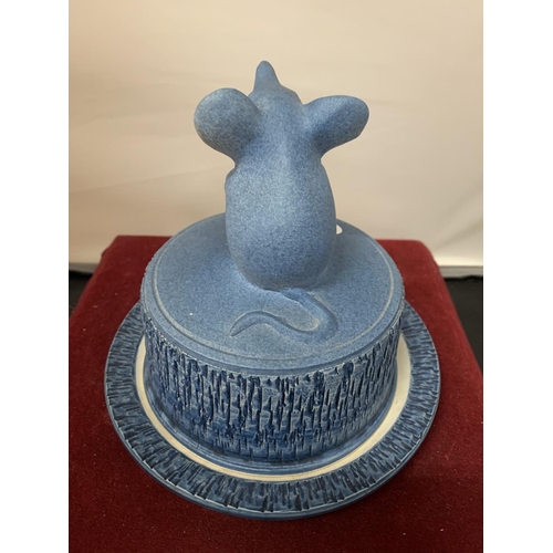 712 - A BLUE STUDIO POTTERY CHEESE DISH WITH MOUSE DESIGN