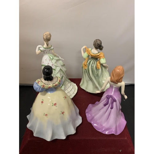 722 - FOUR LADY FIGURINES TO INCLUDE DOULTON, AMETHYST, BELLE OF THE BALL ETC.