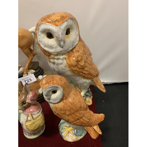 723 - VARIOUS CERAMICS TO INCLUDE TWO BESWICK OWLS, MARE AND FOAL AND TWO BESWICK BEATRIX POTTER ITEMS