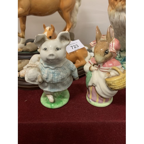 723 - VARIOUS CERAMICS TO INCLUDE TWO BESWICK OWLS, MARE AND FOAL AND TWO BESWICK BEATRIX POTTER ITEMS