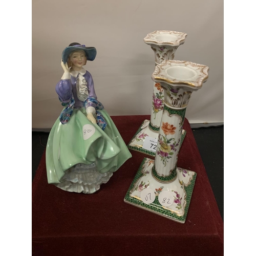 727 - A PAIR OF DRESDEN WARE CANDLESTICKS AND A ROYAL DOULTON FIGURINE 'TOP O THE HILL' HN1833