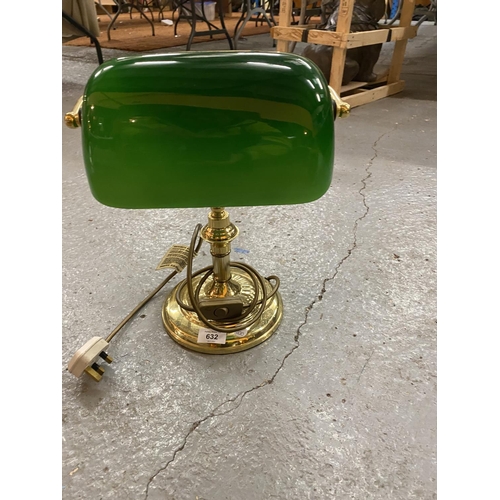 632 - A BRASS BANKERS LAMP WITH ANGLED GREEN GLASS SHADE