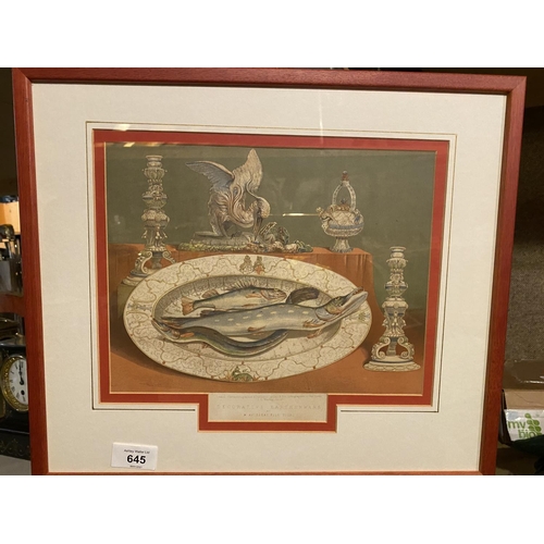 645 - THREE FRAMED PRINTS DEPICTING DECORATIVE EARTHENWARE, PORCELAIN AND COLOURED EARTHENWARE