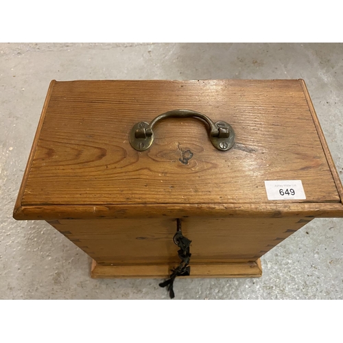 649 - A WOODEN BRASS HINGED DOCUMENT BOX WITH WORKING KEY