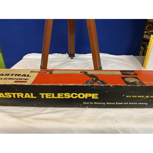 660 - A BOXED ASTRAL TELESCOPE WITH YORK MOUNT AND ADJUSTABLE WOODEN TRIPOD (MODEL NO.100, 60 POWER) FROM ... 