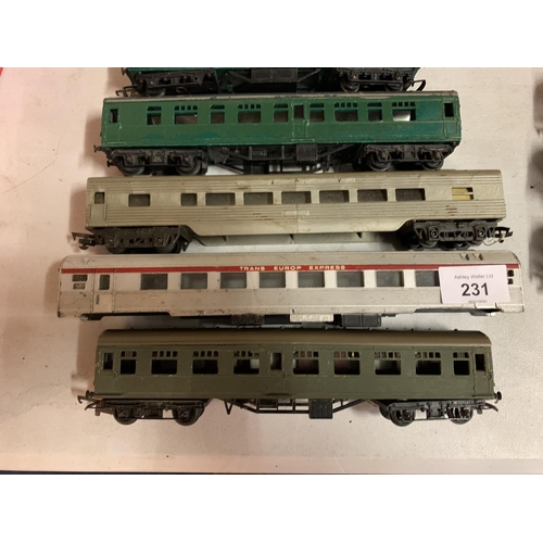 231 - FIVE OO GAUGE PASSENGER CARRIAGES TO INCLUDE A TRANS EUROPE EXPRESS ETC