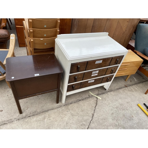 2337 - A SEWING BOX / TABLE, CHEST OF FOUR DRAWERS AND A SMALL CHEST WITH OFFSET HANDLE