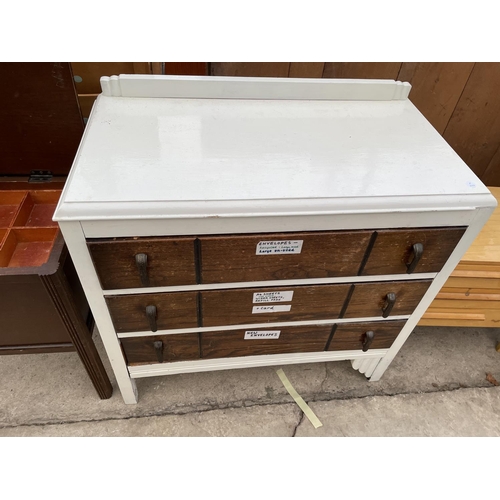 2337 - A SEWING BOX / TABLE, CHEST OF FOUR DRAWERS AND A SMALL CHEST WITH OFFSET HANDLE