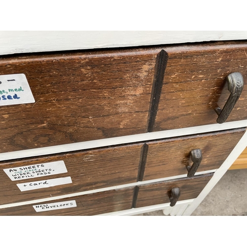 2337 - A SEWING BOX / TABLE, CHEST OF FOUR DRAWERS AND A SMALL CHEST WITH OFFSET HANDLE