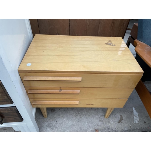 2337 - A SEWING BOX / TABLE, CHEST OF FOUR DRAWERS AND A SMALL CHEST WITH OFFSET HANDLE