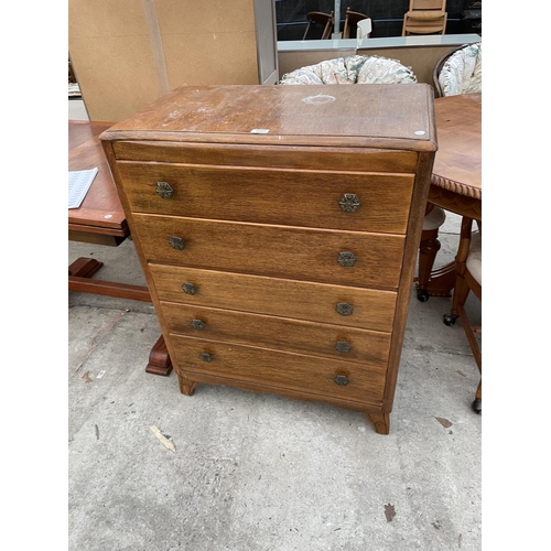 2344 - AN OAK CHEST OF FIVE DRAWERS