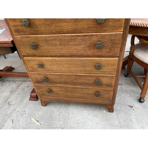 2344 - AN OAK CHEST OF FIVE DRAWERS