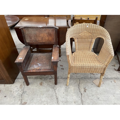 2348 - AN UNUSUAL OAK LOW ELOW CHAIR AND WICKER CHAIR