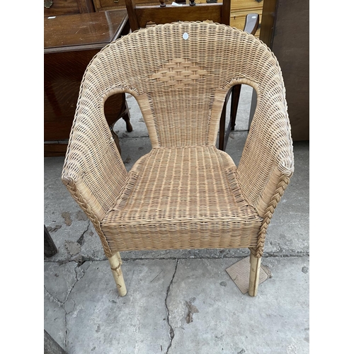 2348 - AN UNUSUAL OAK LOW ELOW CHAIR AND WICKER CHAIR