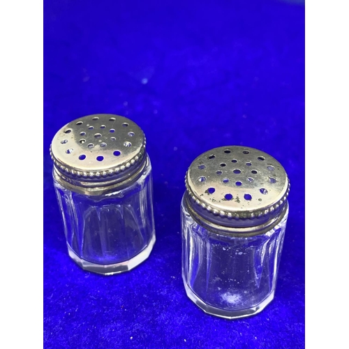 595 - TWO MINIATURE SILVER TOPPED GLASS CRUETS