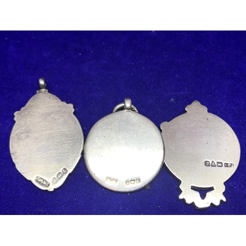 603 - THREE HALLMARKED SILVER ALBERT FOBS