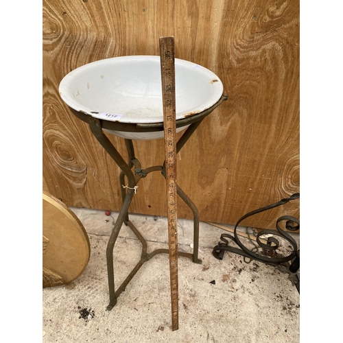 1212 - A VINTAGE ENAMEL WASH BASIN ON A WROUGHT IRON STAND