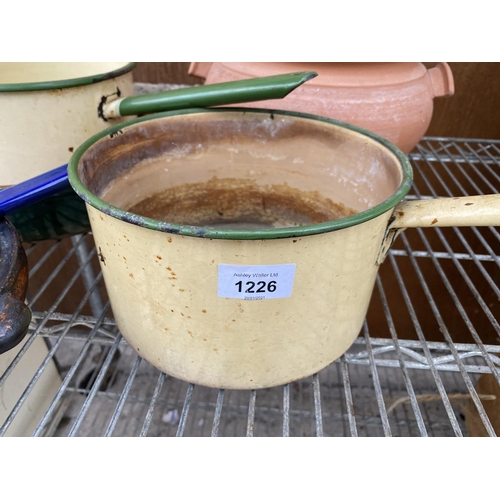 1226 - A COLLECTION OF ENAMEL PANS, A TERRACOTTA COOKING POT AND TWO FURTHER DISHES