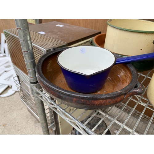 1226 - A COLLECTION OF ENAMEL PANS, A TERRACOTTA COOKING POT AND TWO FURTHER DISHES