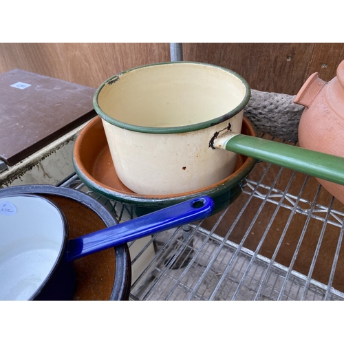 1226 - A COLLECTION OF ENAMEL PANS, A TERRACOTTA COOKING POT AND TWO FURTHER DISHES