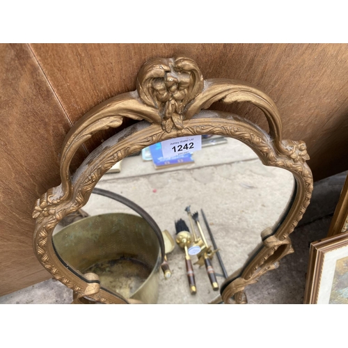 1242 - A VINTAGE BRASS JAM PAN, A FIRE COMPANION SET AND AN ORNATE MIRROR