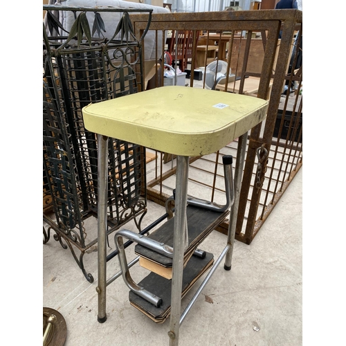 1282 - A VINTAGE KITCHEN STOOL WITH STEPS AND A VINTAGE METAL CD RACK