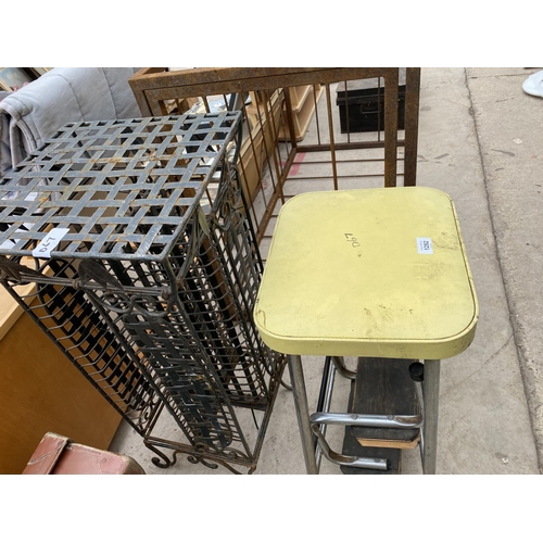 1282 - A VINTAGE KITCHEN STOOL WITH STEPS AND A VINTAGE METAL CD RACK